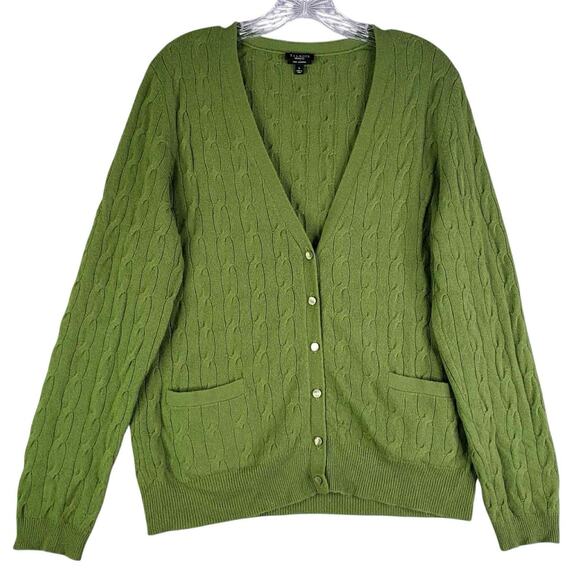 Talbots Cardigan Sweater Size Large L Green Cable Knit Cashmere Pockets - Picture 2 of 9